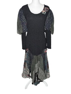 Lorrie Kabala Dress Balloon Sleeve Floral Fitted Black Multicolor